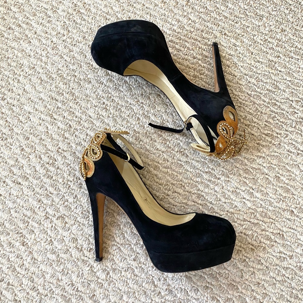 BRIAN ATWOOD BLACK SUEDE EMBELLISHED HEELS PUMPS 37 7